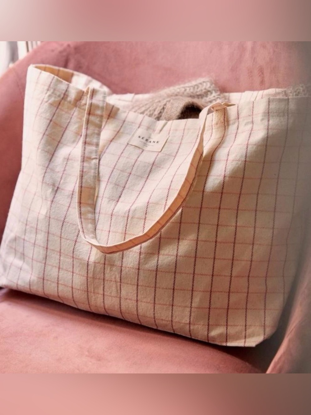 Sézane tote bag, organic cotton, checkered cream with pink and purple lines, new